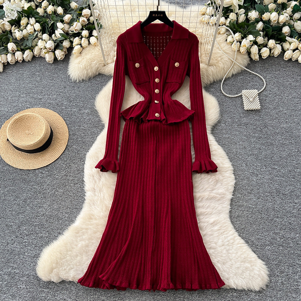 Xiaoxiangfengclassy sense of celebrity heavy industry metal buckle v neck waist rufflespatchwork waist knittingdress female