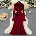 Xiaoxiangfengclassy sense of celebrity heavy industry metal buckle v neck waist rufflespatchwork waist knittingdress female
