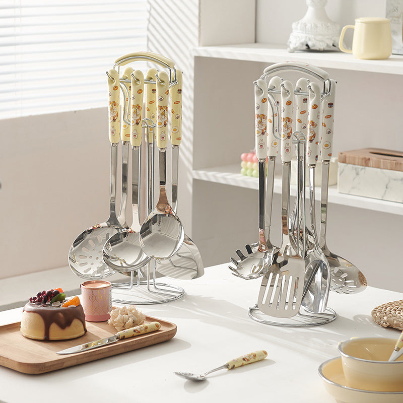 New cartoon toast rabbit kitchen utensil set - anti-scald ceramic handle cooking spatula, soup ladle, 7-piece set with storage rack