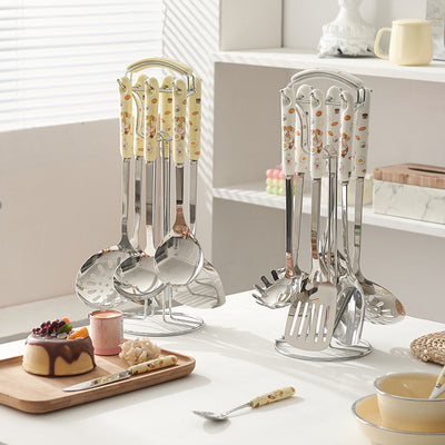 New cartoon toast rabbit kitchen utensil set - anti-scald ceramic handle cooking spatula, soup ladle, 7-piece set with storage rack