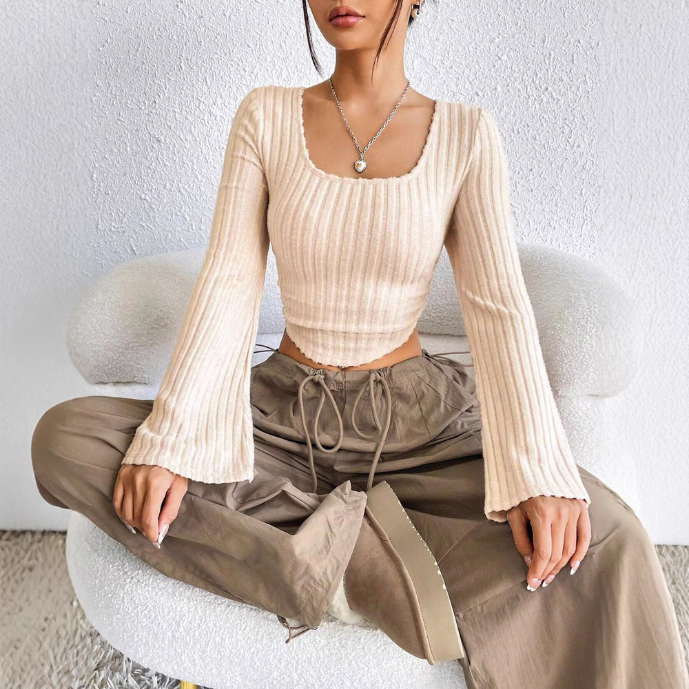 European and american cross-border  spring/summer new arrivals:  women's fashionable and elegant square neck flared long sleeve t-shirt top