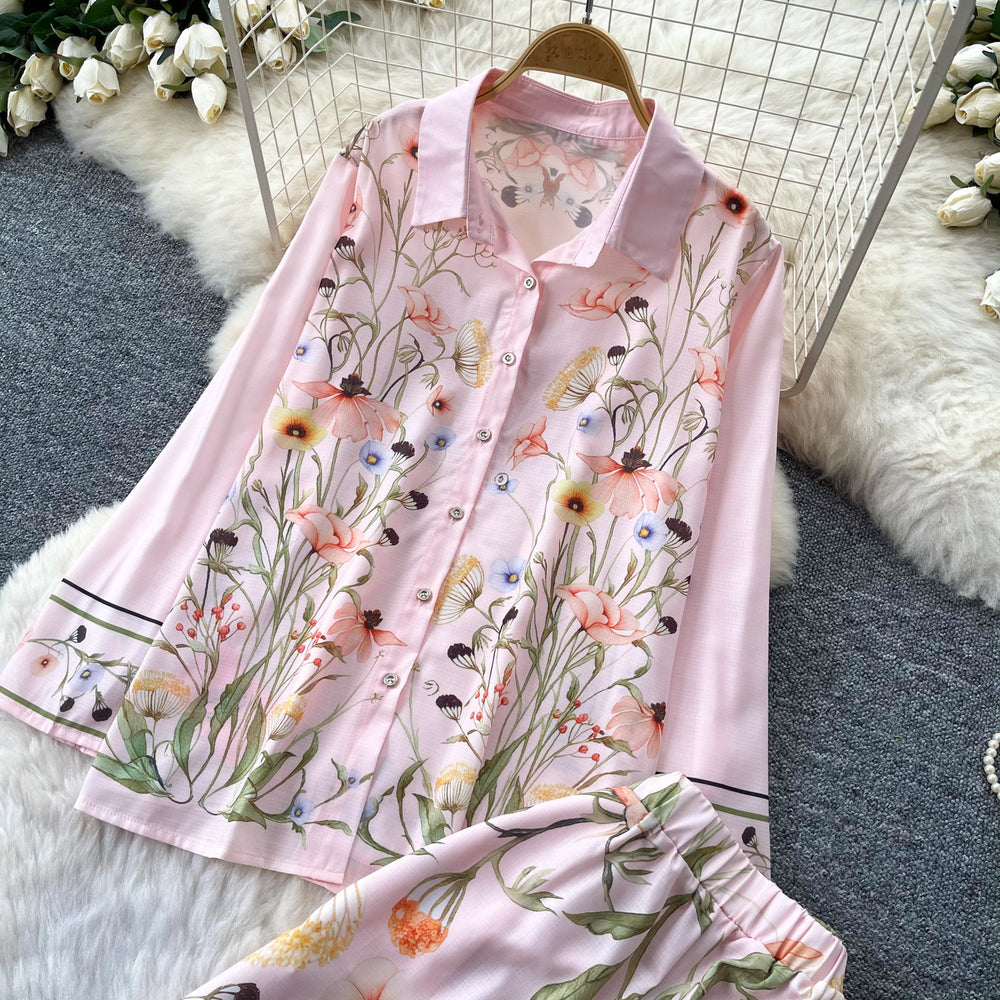 Korean style commute chic floral print two-piece set: women's autumn polo shirt and wide-leg pants outfit