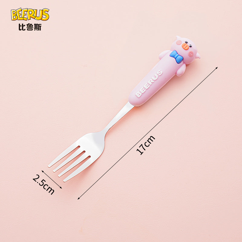 High-quality, adorable cartoon children's cutlery set featuring a cute bear design. includes a fork, spoon, and is perfect for school lunches. made of durable silicone, these portable forks and spoons are available for wholesale