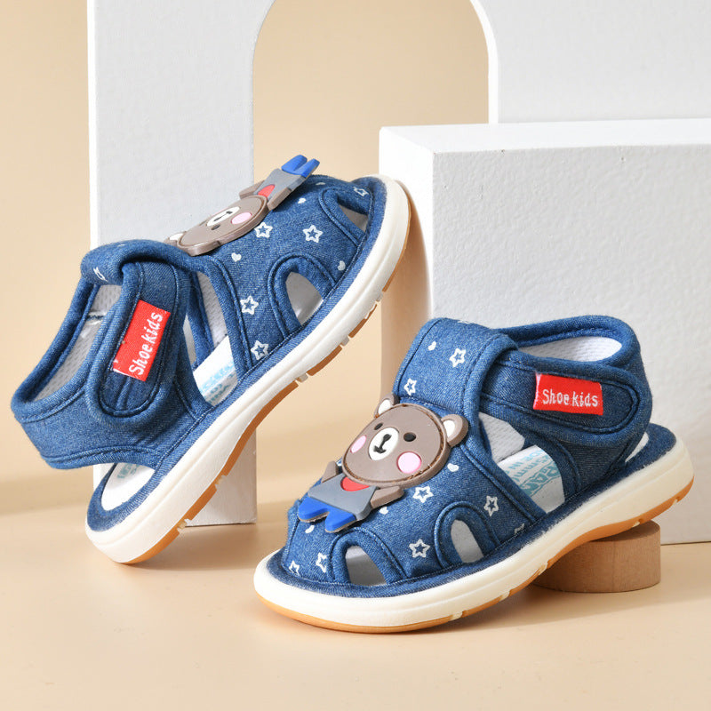 Baby cloth sandals for boys, summer, ages 0-1-2-3 years, infant anti-slip soft sole squeaky shoes, girls' first walker shoes, baby shoes