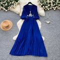 French chic red v-neck lantern sleeve dress - women's summer lightweight, breathable, slimming, elegant pleated maxi dress