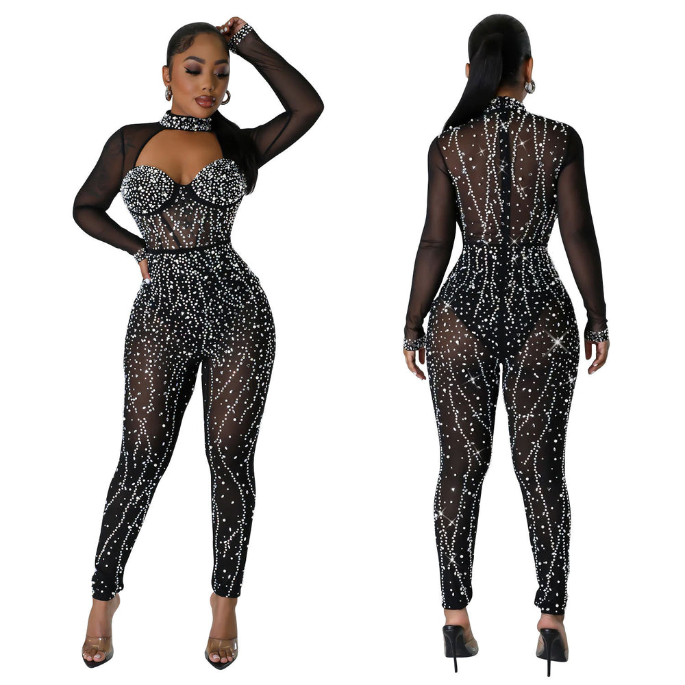 C6788 cross-border   fashion women's solid color mesh rhinestone long sleeve pants jumpsuit
