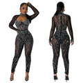C6788 cross-border   fashion women's solid color mesh rhinestone long sleeve pants jumpsuit