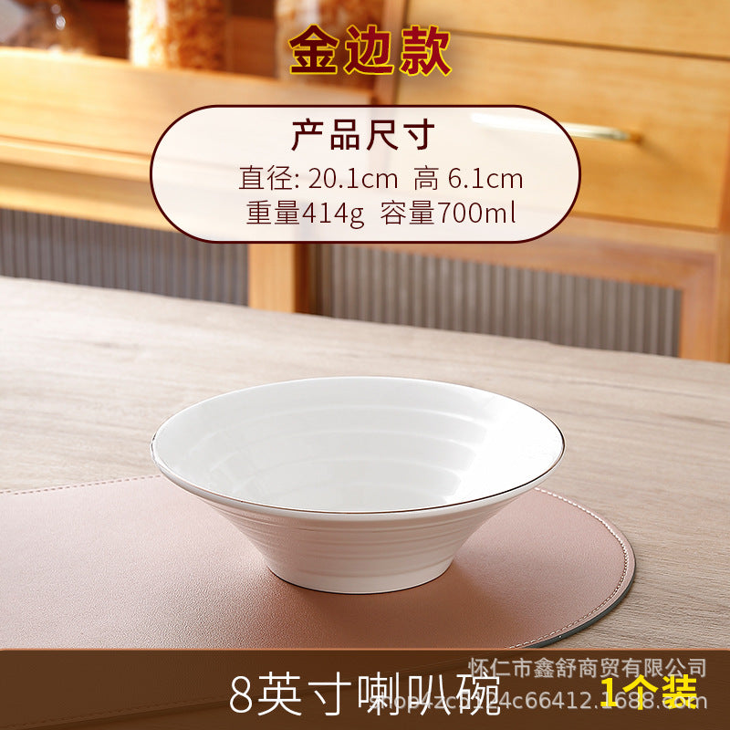Restaurant gold thread thickened pure white japanese stylefor home thread double line horn hat ramen large soup noodle bowl can be added with word mark