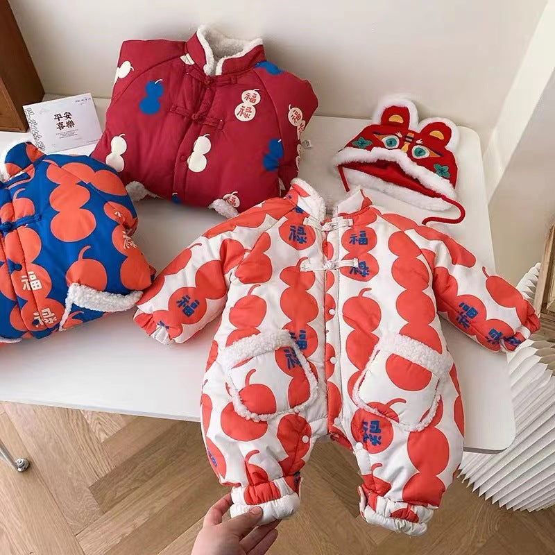 Baby winter fleece-lined romper, newborn winter outfit, 100-day celebration & first birthday outfit, newborn gift dress, chinese new year outfit