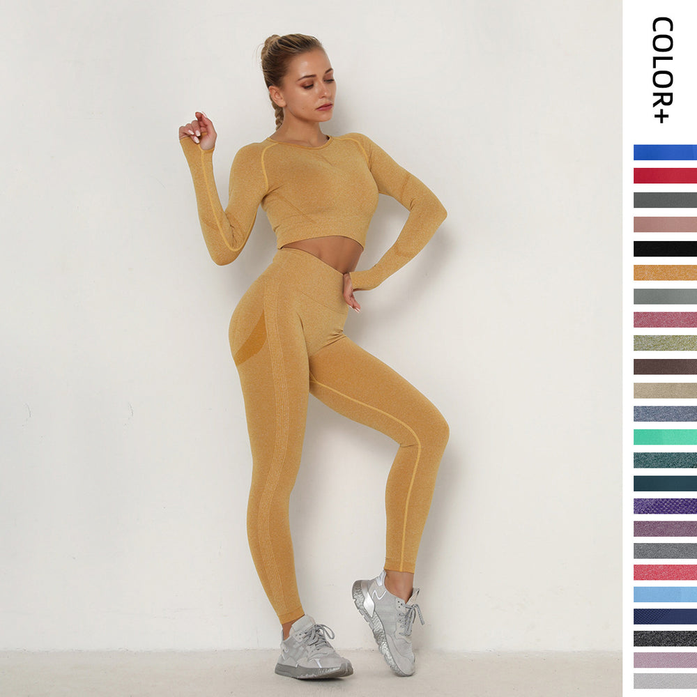 European and american style ruched seamless yoga set for women - high waist peach lift tight workout long sleeve fitness yoga pants two-piece set