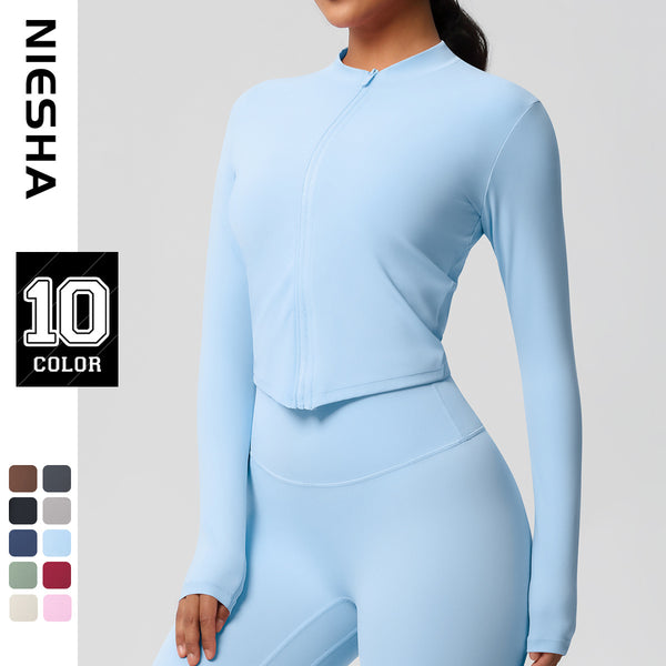 New European and American nude sports jacket women's tight training fitness clothes stand-up neck zipper cardigan nude yoga clothes