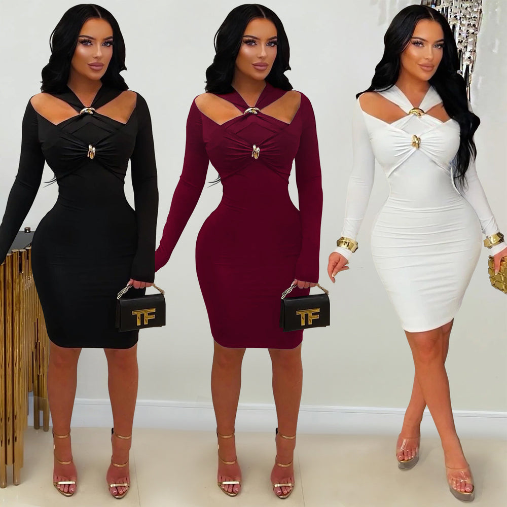 C7627 cross-border   fashion women's off-the-shoulder bodycon mini dress - elegant solid color