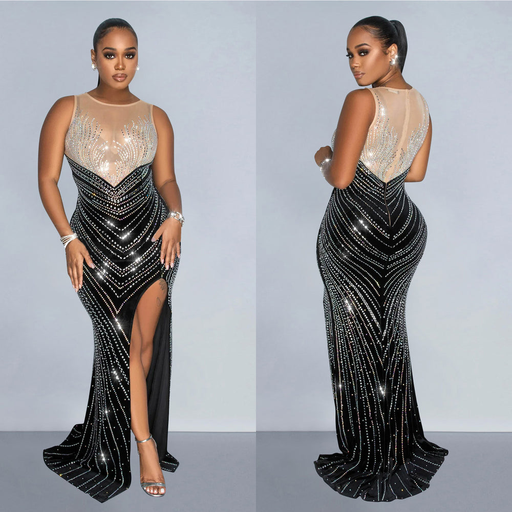C6807 cross-border   fashion women's solid color round neck sleeveless rhinestone embellished maxi dress
