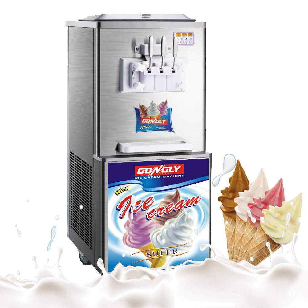 Commercial soft serve ice cream machine, 304 stainless steel, vertical model, three-head cone & soft ice cream maker, bql-838