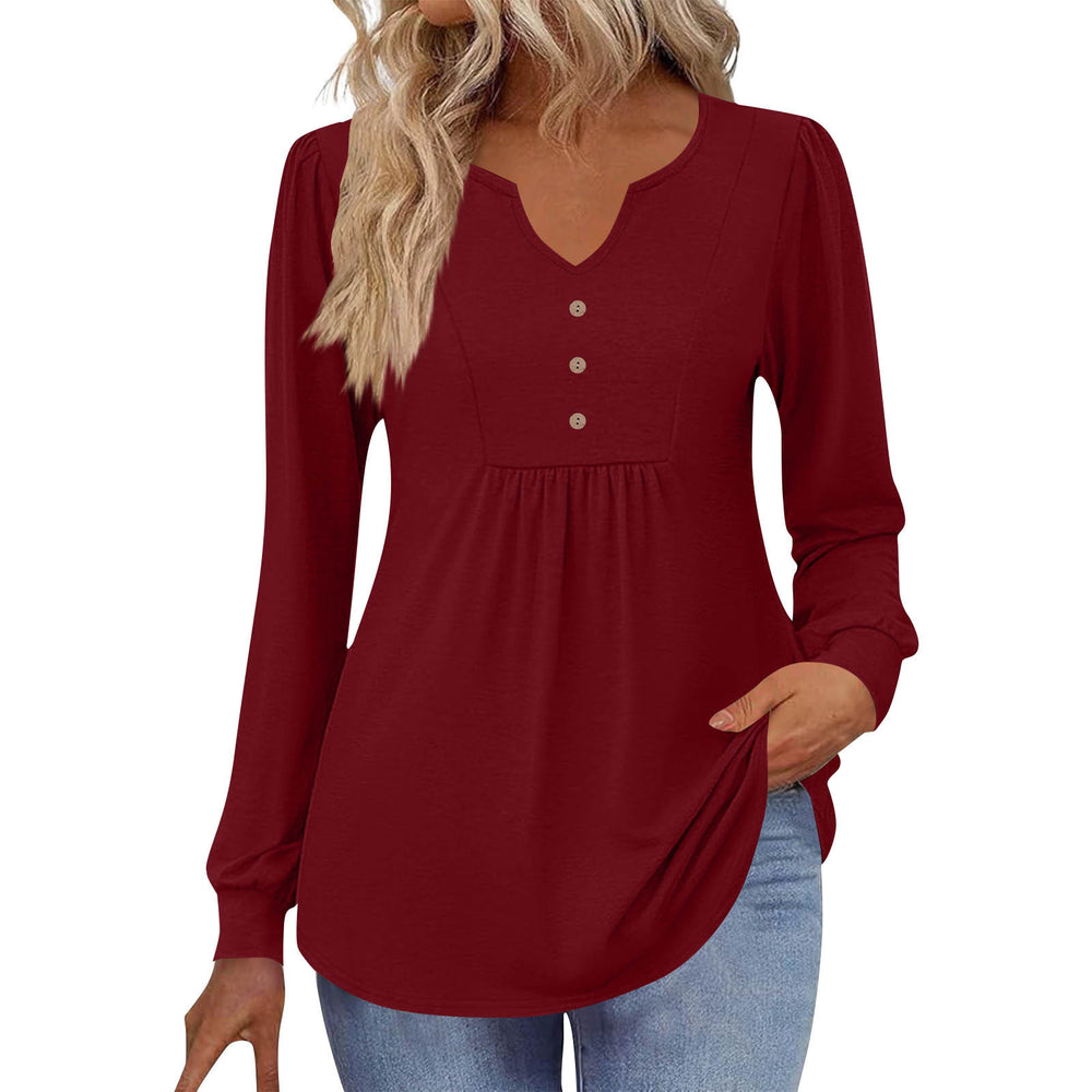 cross-border  women's casual solid color v-neck loose button-down long sleeve t-shirt top