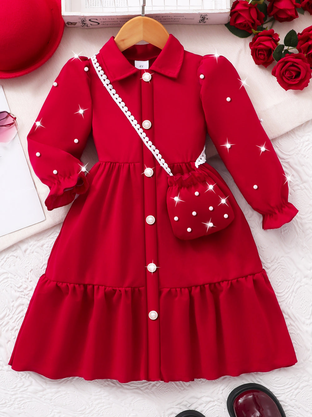 Girls' dress, solid color dress with pearl sleeves + pearl crossbody bag