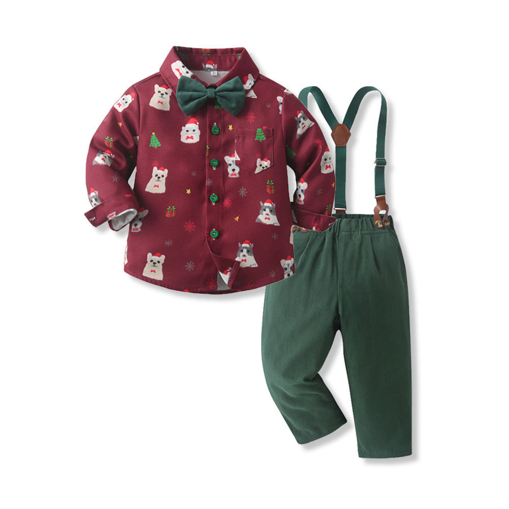 Boys' suit set - new export style, kids' christmas gentleman outfit, long-sleeve plaid shirt, autumn/winter green overalls