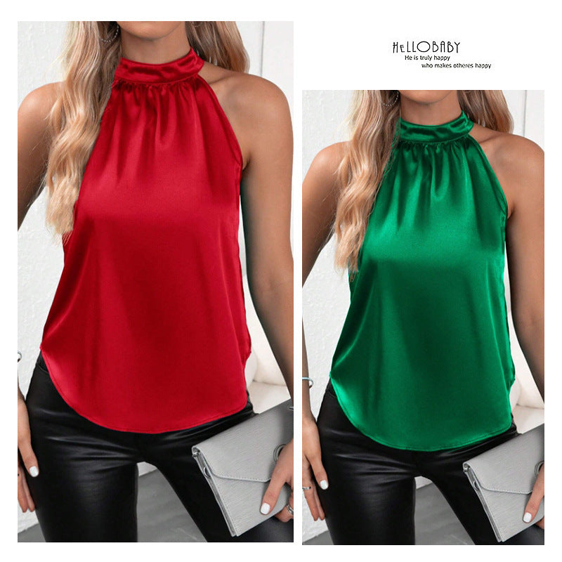 Amazon  european and american cross-border e-commerce summer new satin tank top women's solid color off-shoulder halter sleeveless top