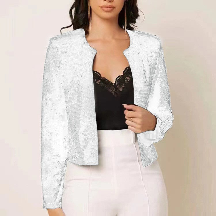 spring new arrival: european and american style fashion stand collar color block sequin jacket - short, casual, and versatile outerwear