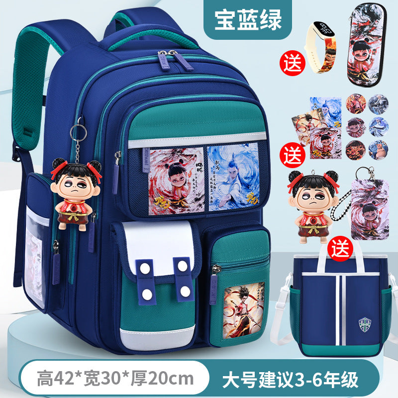 New nezha backpack for boys and girls, grades 1-6: spine protection, lightweight design, and extra-large capacity