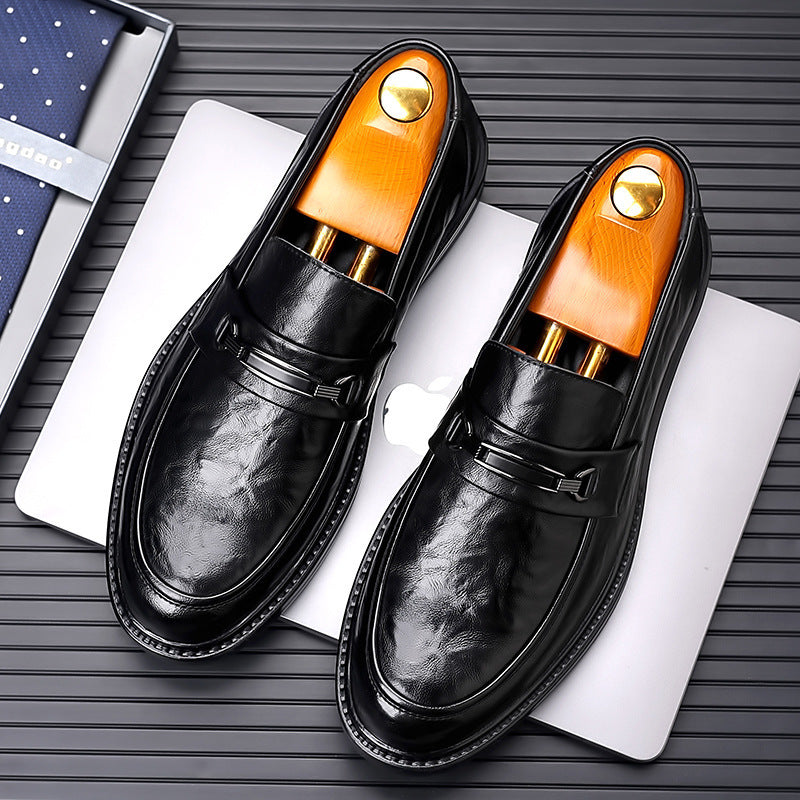 Men's low-top loafers - slip-on round toe dress shoes for business, work, and weddings - textured leather