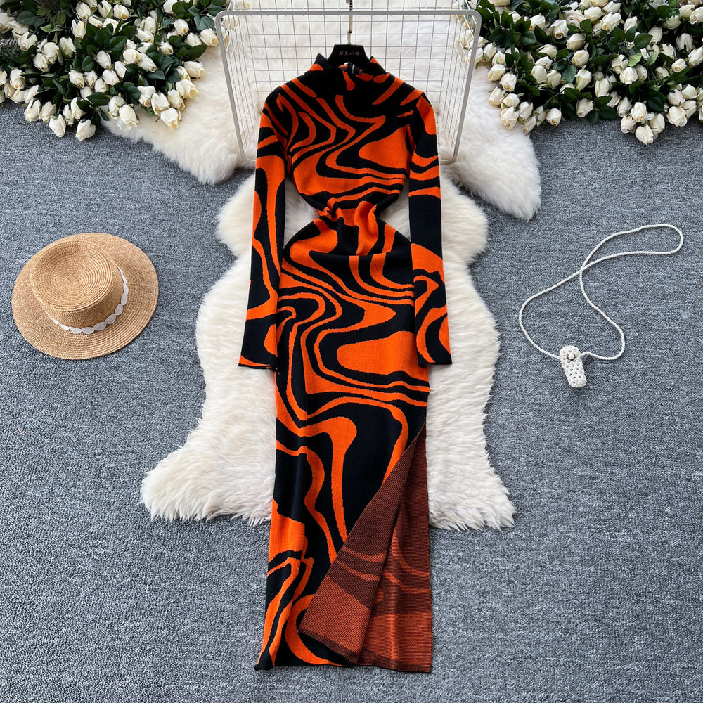 European and american style women's dress  new slimming fashionable printed high neck slit long knitted evening gown