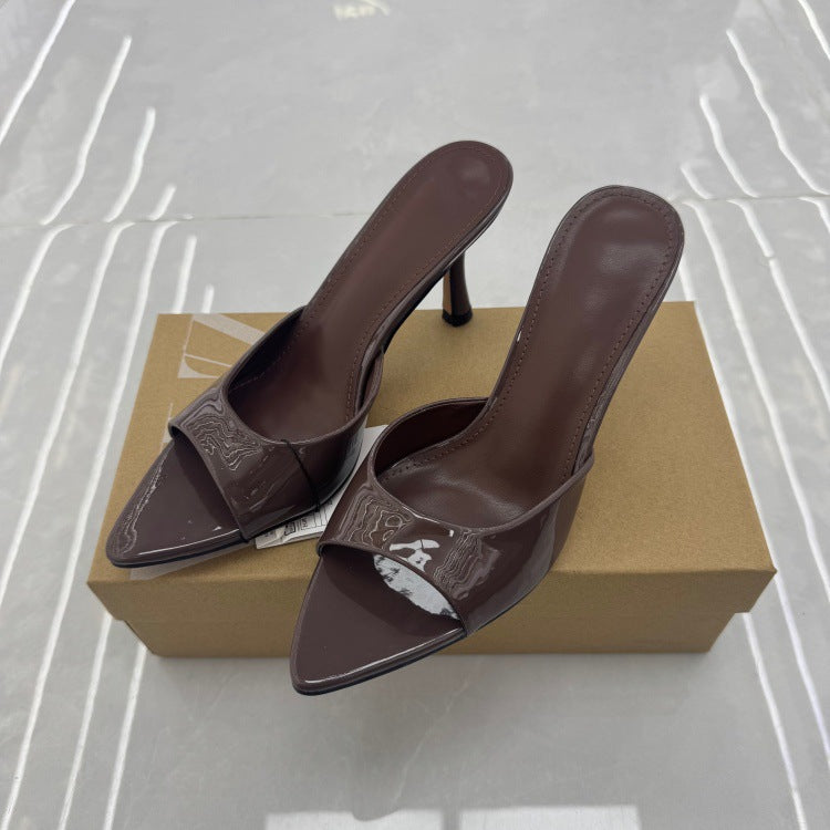 Spanish mango women's shoes summer new 2025 one-strap sandals outdoor casual versatile patent leather high heel sandals