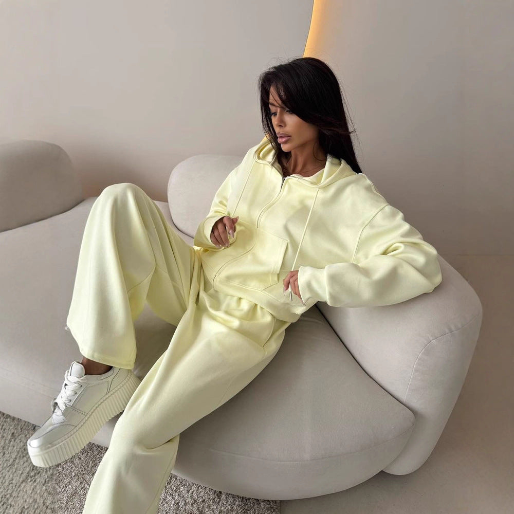 Europe and America Cross-border Sports Suit Long Sleeve Zipper Cardigan Hooded Sweater Lace-up Pants Two-piece Cotton Set