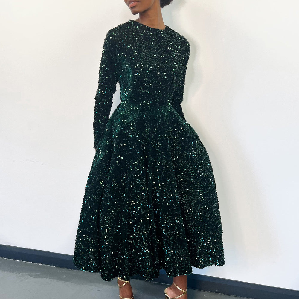D469 cross-border new women's round neck long sleeve solid color sequin high waist elegant midi dress european and american style