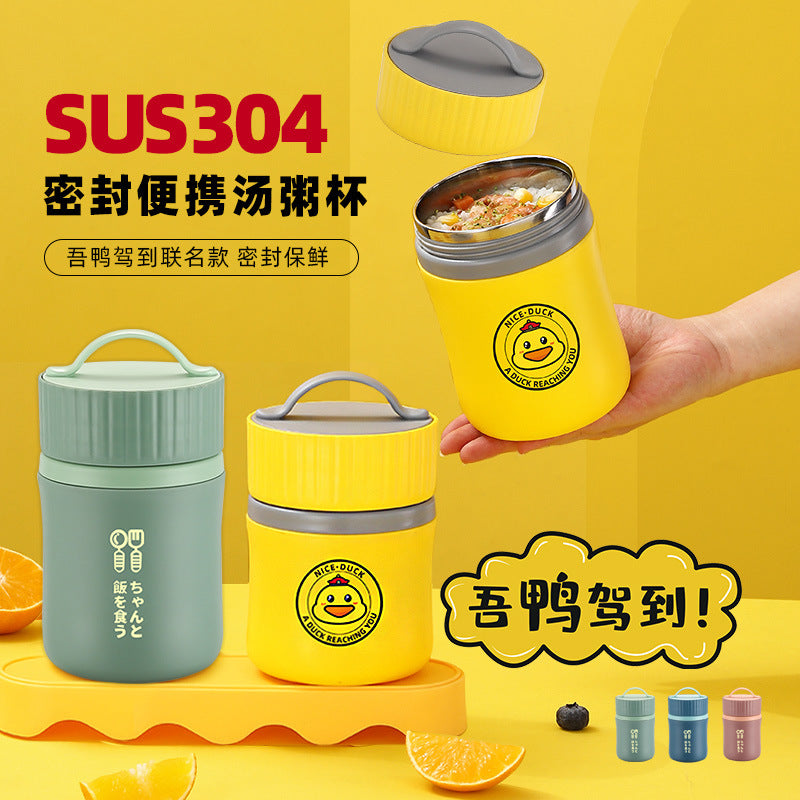 304 stainless steel yellow duck soup cup portable breakfast cup small lunch box bucket with cutlery insulated student lunch box gift