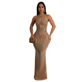 C6811 cross-border   fashion women's solid color mesh rhinestone halter maxi dress