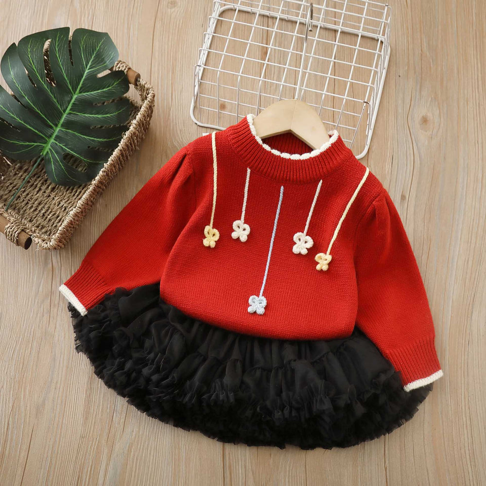 fall/winter new girls' sweater and tutu skirt set - handmade floral knitted outfit for little girls