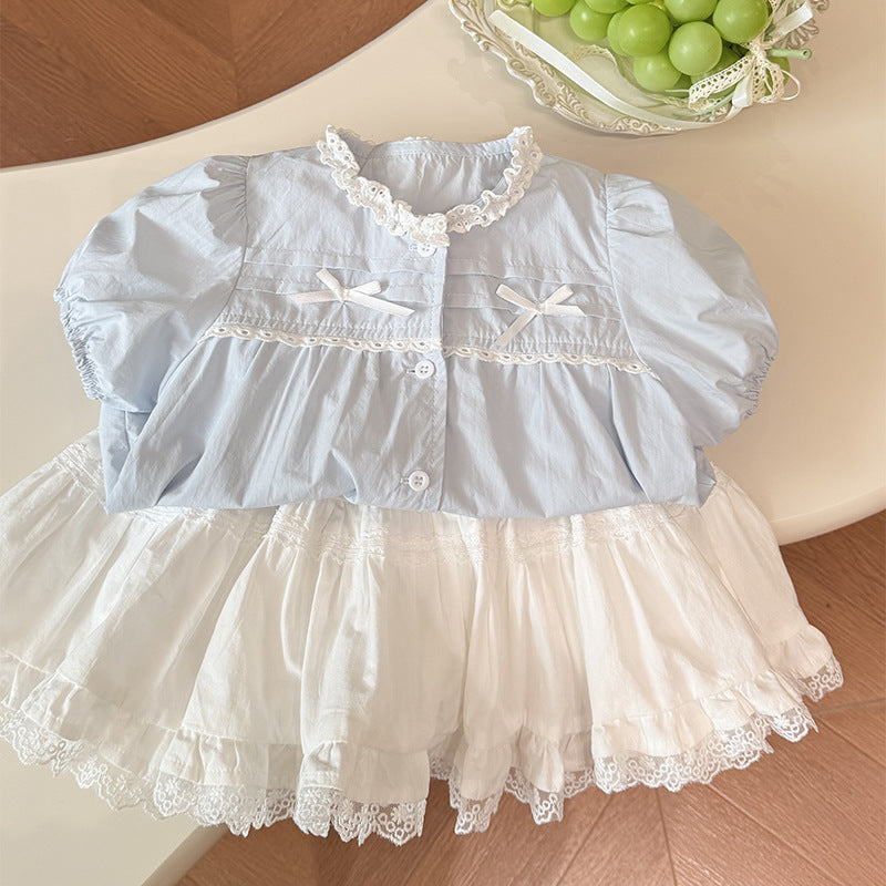 Summernew arrivalgirl pure cotton lace collar shirt k-stylekidsfashion style short-sleeved baby girl trendy children's clothing