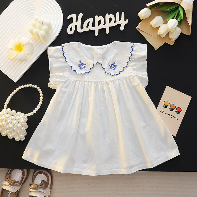 Summer girls' solid color lace collar round neck casual short sleeve flutter sleeve outerwear dress for toddlers and young children