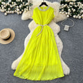 summer women's niche high-end beaded round neck short sleeve tie-waist pleated dress