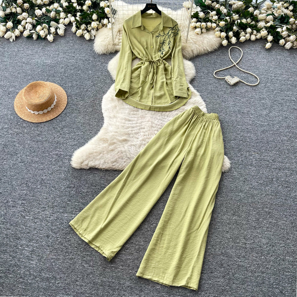 Light mature style zen bows strappy waist shirt women's spring autumhigh waistloose pantstwo-piece setautumwork clothing