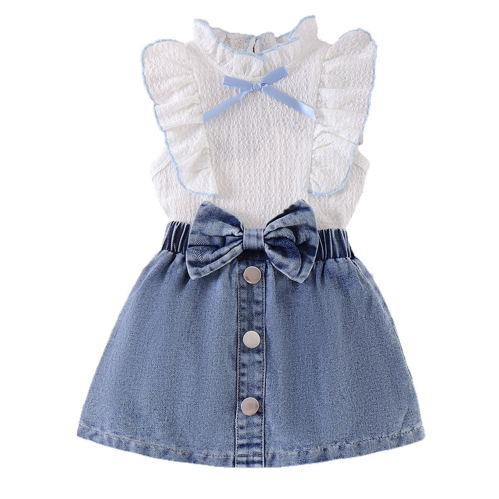 Kids clothing  cross-border new arrivalfashionspring & fallgirl white vest blue skirt two-piece set