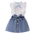 Kids clothing  cross-border new arrivalfashionspring & fallgirl white vest blue skirt two-piece set