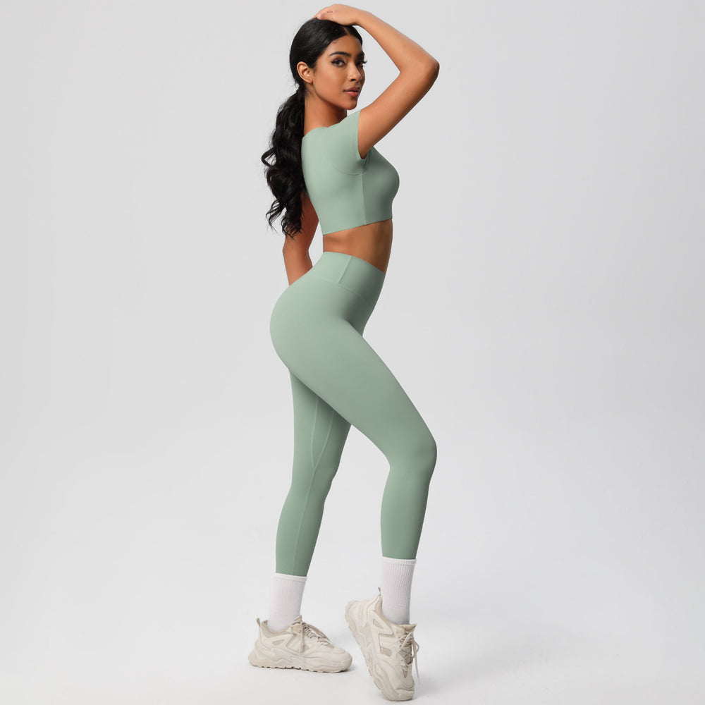 European and american nude feel compression quick-dry short sleeve yoga set outdoor casual training fitness apparel running sports set for women