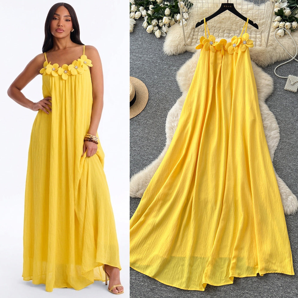 Vacation style yellow halter gentle style elegantdress women's summer sleeveless slimming look long skirt summer atmosphere