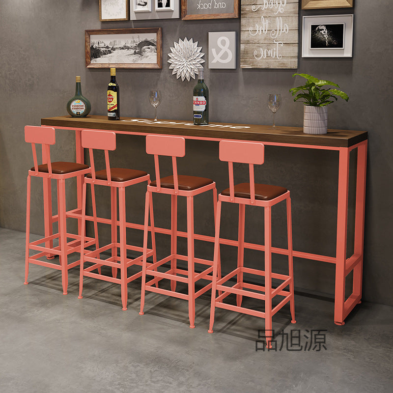 Bar cafe wall commercial wood bar table and chair combination Internet celebrity long wrought iron soft seat back dining table and chair