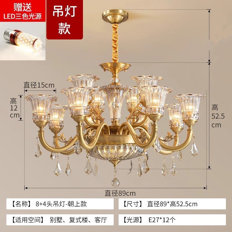European crystal all-copper chandelier villa atmosphere living room dining room light duplex floor room American lighting light luxury chandelier