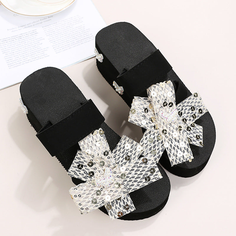 Plus size drag female students spring and summer outweark-style flip-flop sandals flower rhinestone drag ins pearl eva beach shoes