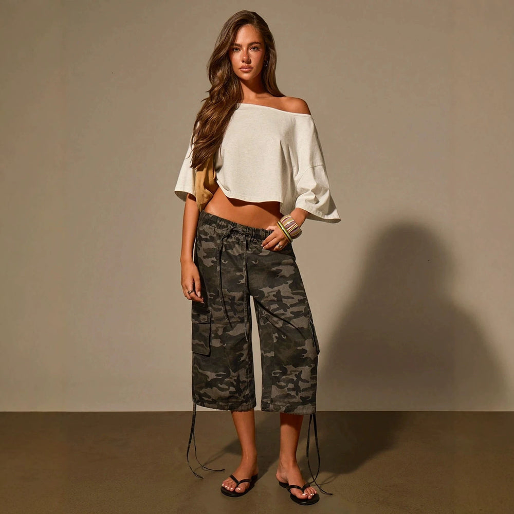 Fashionjeans women's camouflage drawstring waist three-quarter workwear american multi-flap pocket pants side drawstring jeans