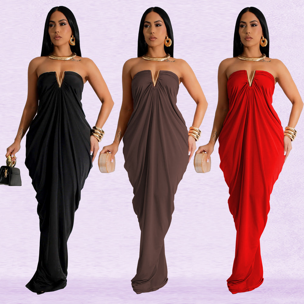 C7135 cross-border   fashion women's solid color sexy slim-fit v-neck dress - new arrival