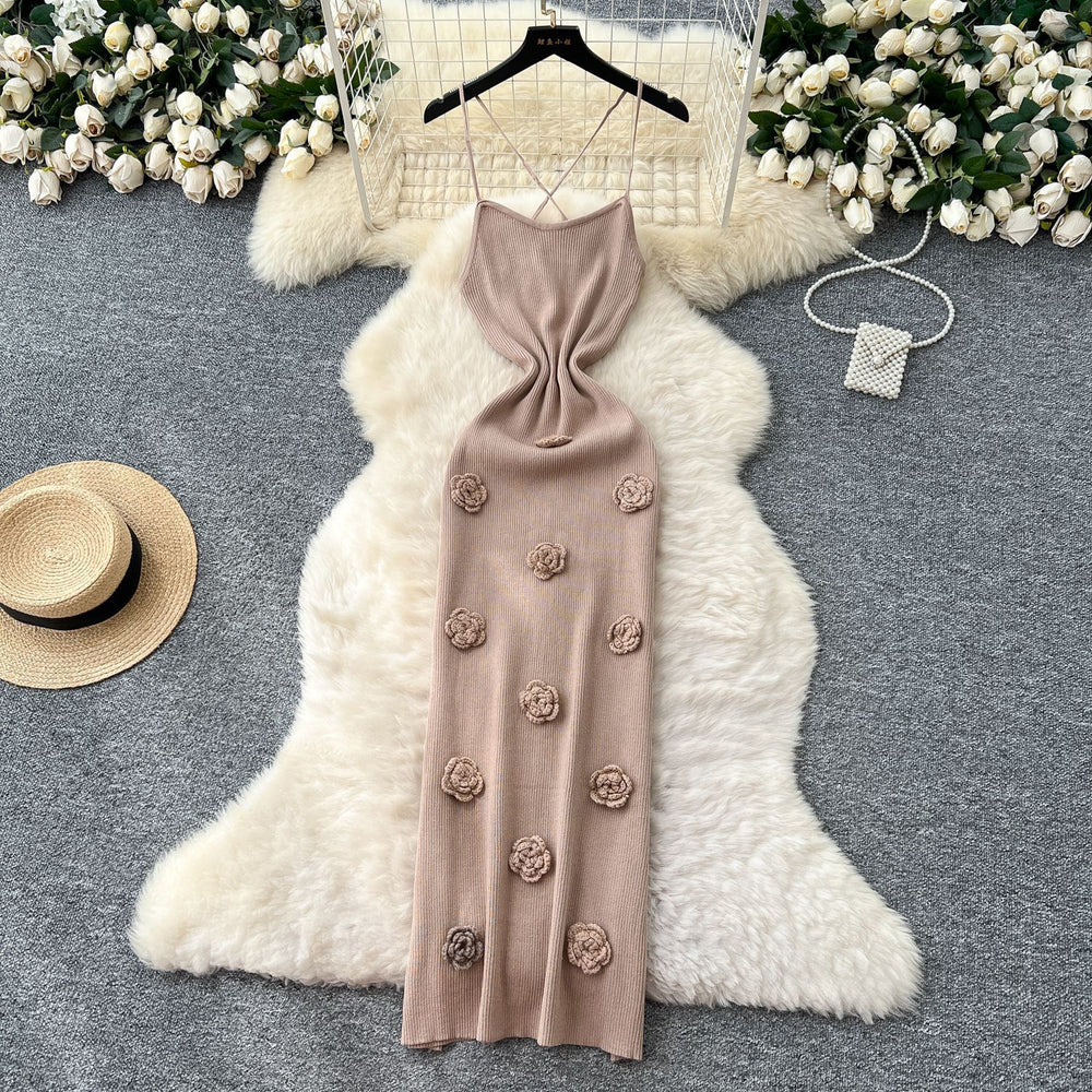 European and american style chic cutout backless halter knit dress - women's figure-hugging maxi dress with 3d floral appliqués