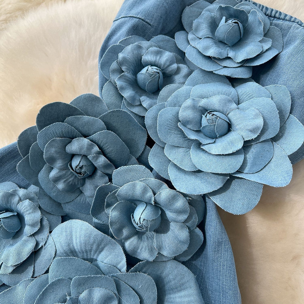 Spring and summer fashionins heavy industry stereo flower sleeveless tube top waist silm denim jumpsuit flared pants for women