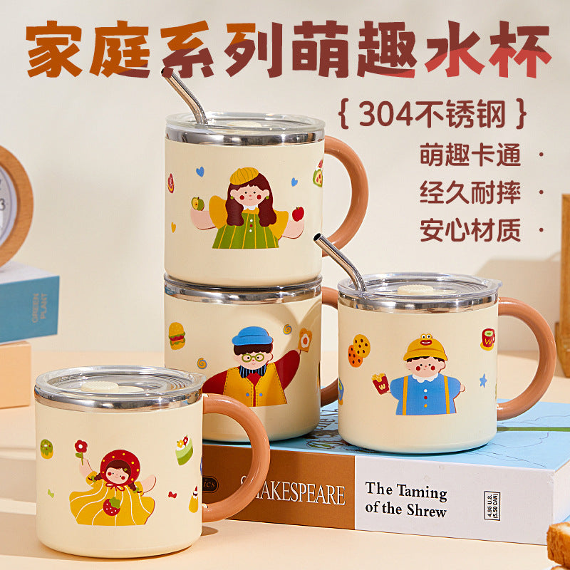 304 stainless steel mug, kids' cartoon cup, family matching water cup set (family of three), children's rice bowl and soup bowl