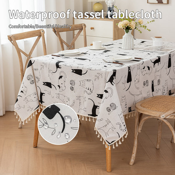 Cotton and linen lines cat cartoon fringed dining table cloth rectangular fabric four-season universal coffee table high-end decorative tablecloth
