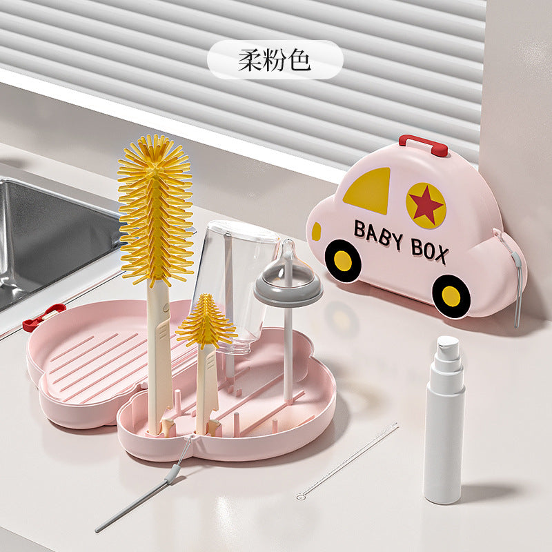 Silicone portable bottle brush - baby & infant bottle cleaning brush with drain rack & storage box - travel cleaning brush